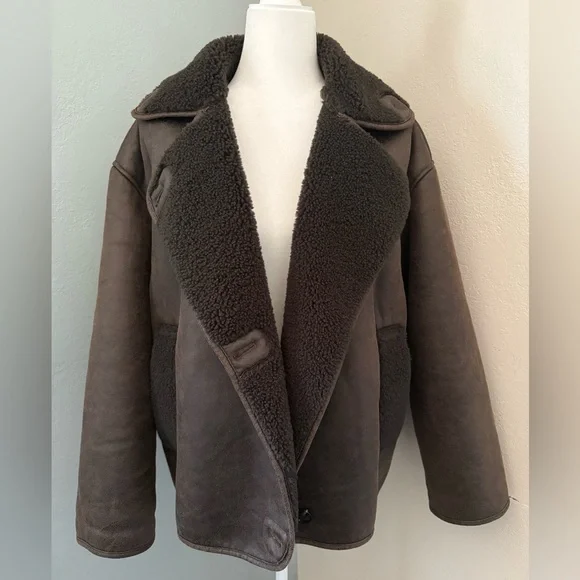 ZARA DOUBLE-FACED BROWN FAUX SHEARLING LAPEL FUR COLLAR, AVIATOR JACKET - Picture 4 of 6